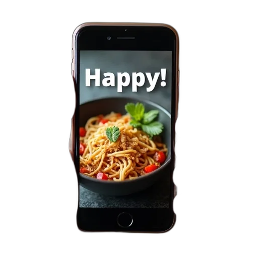 food, robot, photorealistic, 3d render, person, holding, smartphone, displaying transparent PNG cut-out