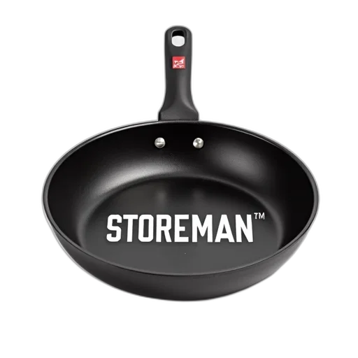 food, black, frying, pan, red, logo, handle, displayed transparent PNG cut-out