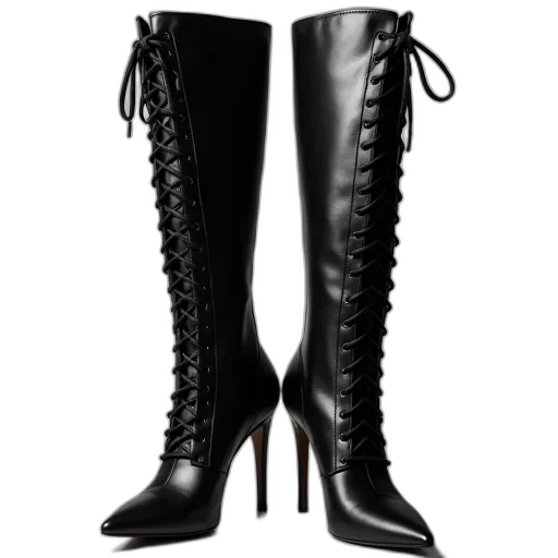 shoes, photorealistic, pair, black, leather, high-heeled, boots, laces transparent PNG cut-out