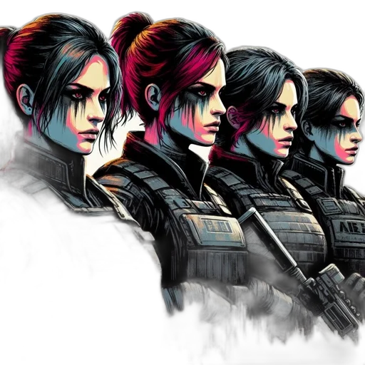 concept art, cyberpunk, comic book art, pixel art, dark, four, female, characters transparent PNG cut-out