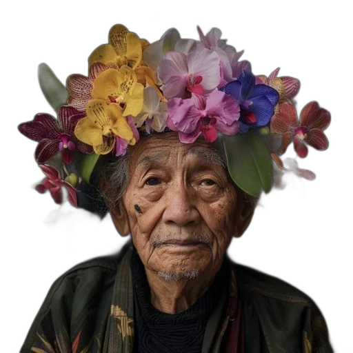 hat, flower, face, crown, photorealistic, oil painting, elderly, person transparent PNG cut-out