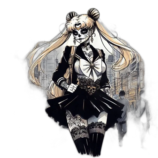 mask, dress, staff, concept art, anime, fantasy art, comic book art, monochrome transparent PNG cut-out