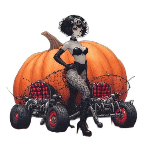 car, concept art, fantasy art, comic book art, pixel art, woman, short, black transparent PNG cut-out