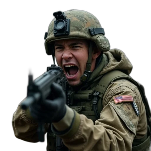 weapon, face, staff, jacket, army, soldier, yelling, holding transparent PNG cut-out