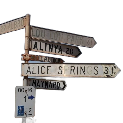 3d render, city street, signpost, directions, various, locations, including, alice transparent PNG cut-out