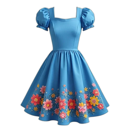 dress, 3d render, blue, fitted, bodice, flared, skirt, adorned transparent PNG cut-out