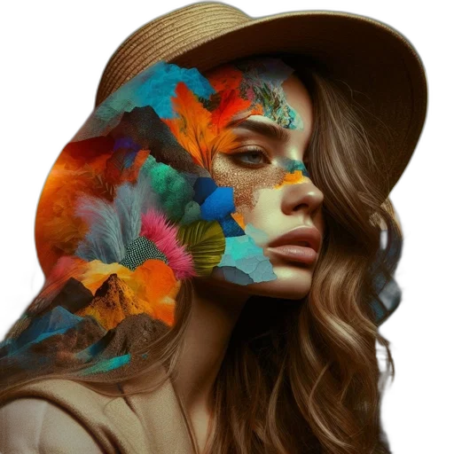 hat, face, mask, flower, photorealistic, oil painting, watercolor, fantasy art transparent PNG cut-out