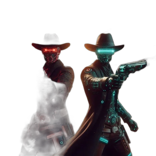 weapon, staff, hat, robot, concept art, cyberpunk, fantasy art, comic book art transparent PNG cut-out