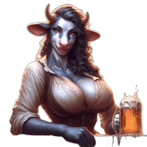 dress, fantasy art, concept art, comic book art, pixel art, anthropomorphic, minotaur, pale transparent PNG cut-out