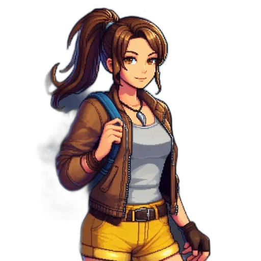 jacket, staff, weapon, pixel art, concept art, anime, cartoon, colorful transparent PNG cut-out
