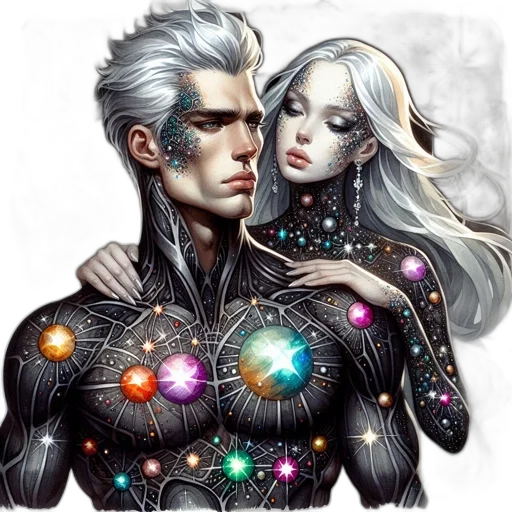 comic book art, concept art, fantasy art, cyberpunk, outer space, two, celestial, beings transparent PNG cut-out
