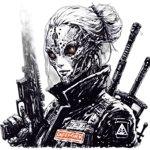 robot, mask, weapon, cyberpunk, comic book art, concept art, fantasy art, outer space transparent PNG cut-out
