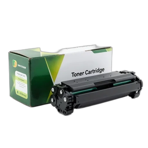 black, toner, cartridge, placed, next, original, packaging, box transparent PNG cut-out