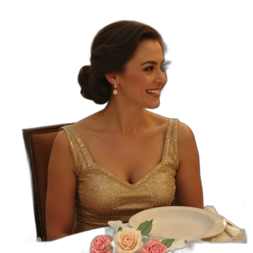 crown, dress, jewelry, face, photorealistic, woman, seated, dining transparent PNG cut-out