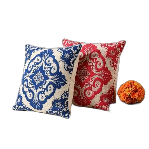 pair, colorful, embroidered, pillows, intricate, patterns, displayed, white transparent PNG cut-out