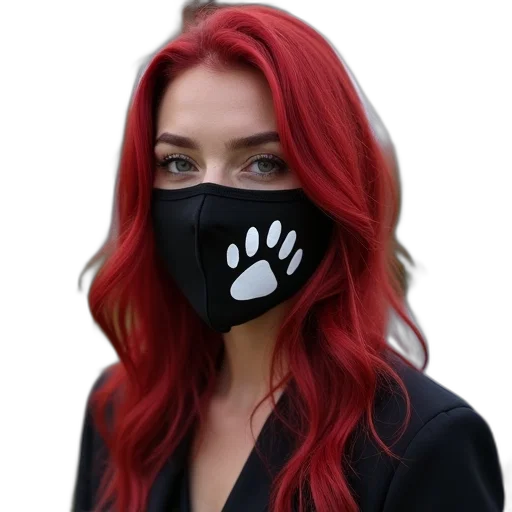 mask, face, animal, cyberpunk, photorealistic, woman, red, hair transparent PNG cut-out