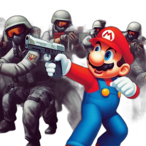 weapon, concept art, pixel art, comic book art, soldiers, mario, merge, urban transparent PNG cut-out