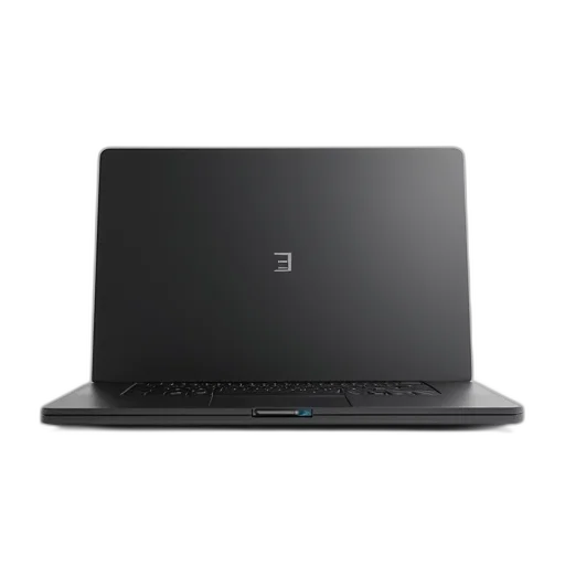3d render, sleek, black, laptop, visible, logo, lid, placed transparent PNG cut-out