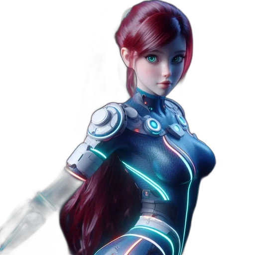 robot, concept art, 3d render, fantasy art, cyberpunk, blue, woman, vibrant transparent PNG cut-out