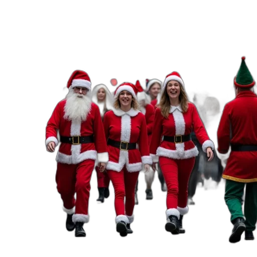 festive, scene, group, people, dressed, santa, claus, elf transparent PNG cut-out