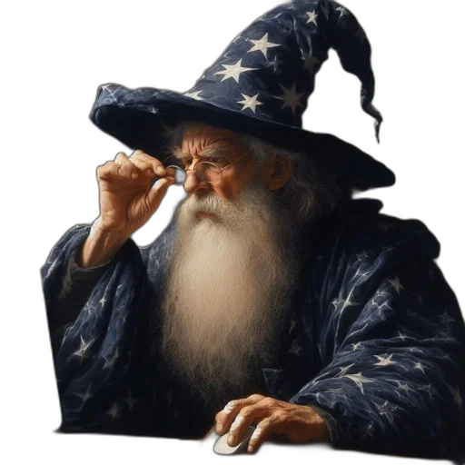 hat, staff, face, fantasy art, photorealistic, concept art, pixel art, elderly transparent PNG cut-out