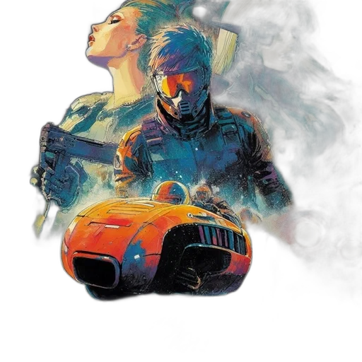 car, cyberpunk, concept art, comic book art, fantasy art, fire, outer space, three transparent PNG cut-out