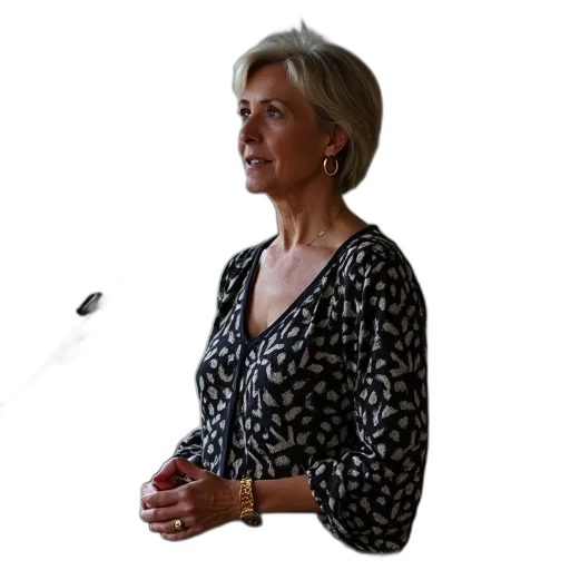 staff, jewelry, jacket, dress, woman, short, hair, standing transparent PNG cut-out