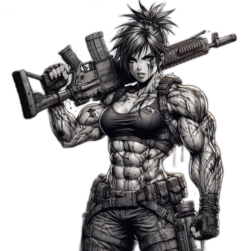 weapon, comic book art, concept art, cyberpunk, cartoon, post-apocalyptic, setting, muscular transparent PNG cut-out