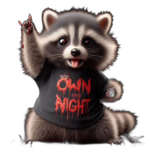 animal, concept art, raccoon, t-shirt, text, own, night, menacing transparent PNG cut-out