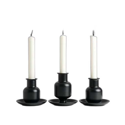three, black, candle, holders, white, candles, arranged, row transparent PNG cut-out