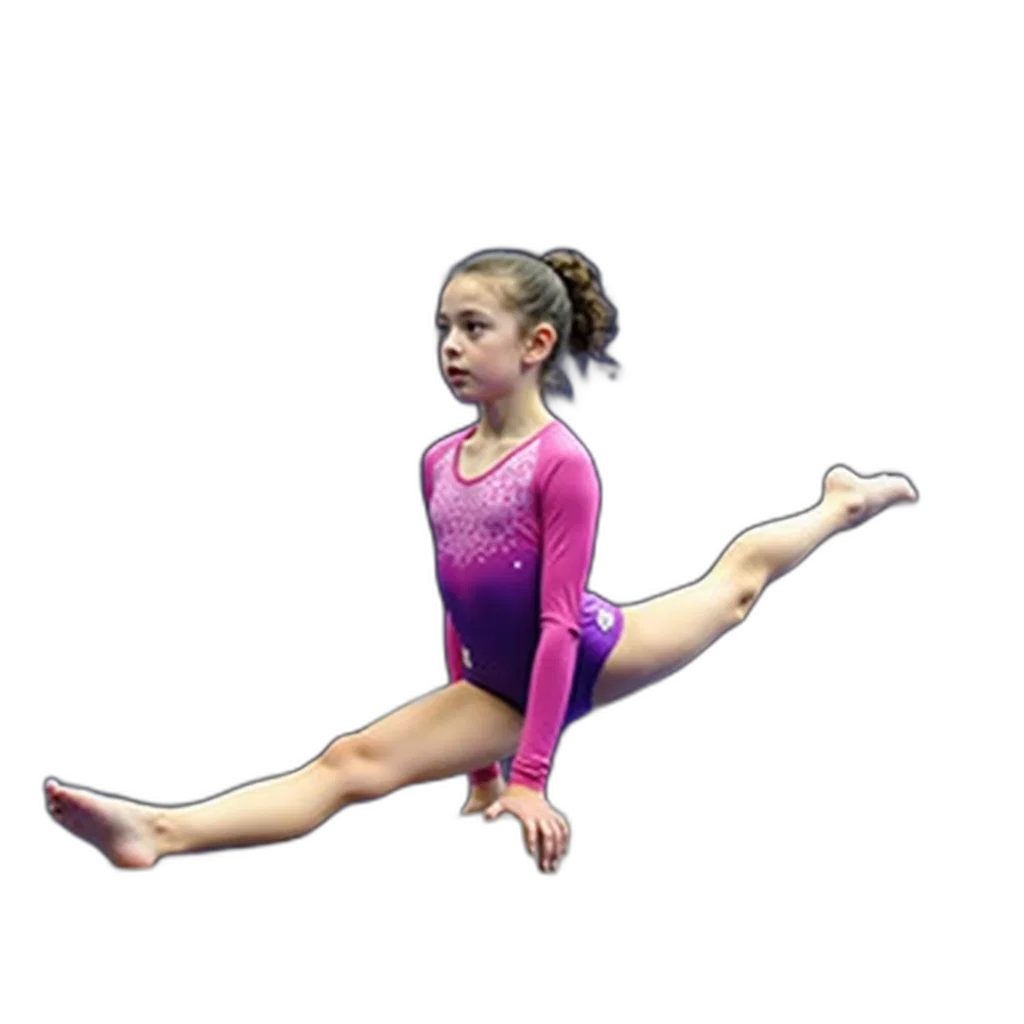 photorealistic, young, gymnast, pink, purple, leotard, performing, split transparent PNG cut-out