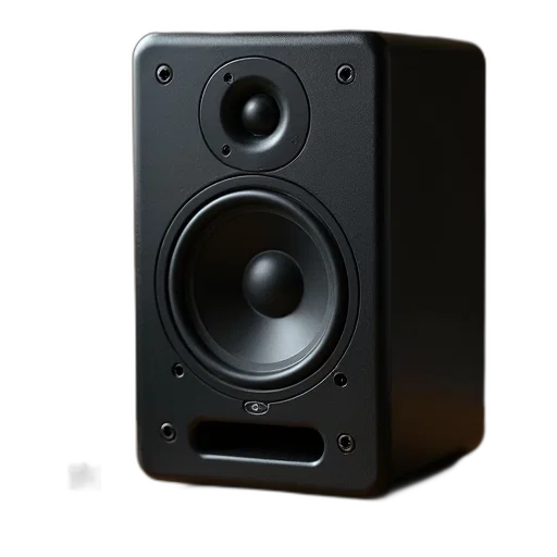 3d render, photorealistic, black, speaker, circular, grill, placed, wooden transparent PNG cut-out