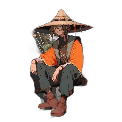 hat, staff, mask, jacket, fantasy art, concept art, anime, pixel art transparent PNG cut-out