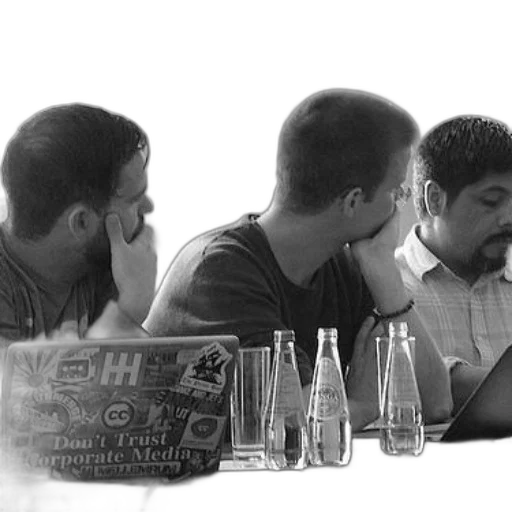 staff, three, men, sit, table, laptops, water, bottles transparent PNG cut-out