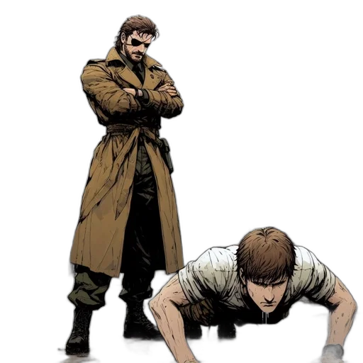 weapon, staff, comic book art, concept art, earth tones, trench-coated, man, watches transparent PNG cut-out