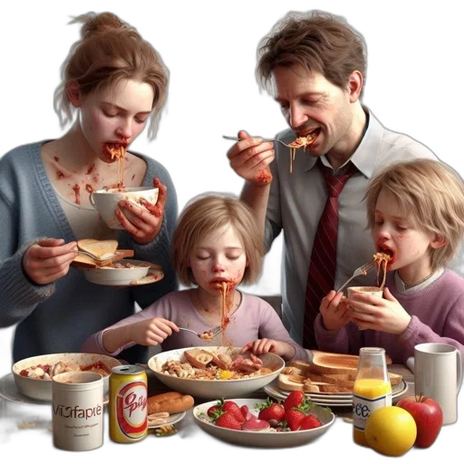 food, photorealistic, oil painting, 3d render, concept art, family, enjoys, shared transparent PNG cut-out