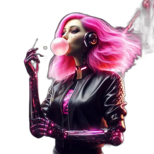 jacket, cyberpunk, concept art, comic book art, fantasy art, neon lights, woman, pink transparent PNG cut-out