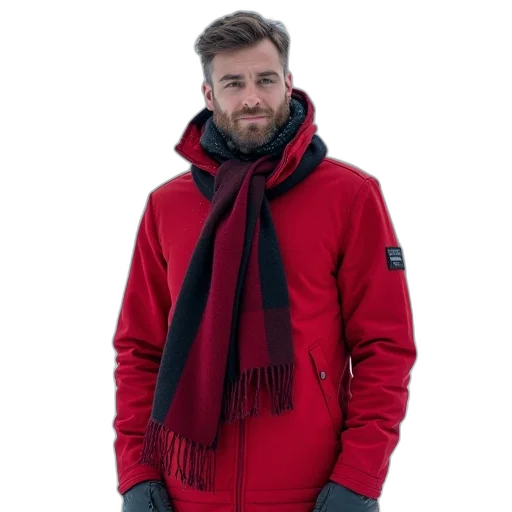 jacket, staff, face, 3d render, snow, red, monochrome, man transparent PNG cut-out