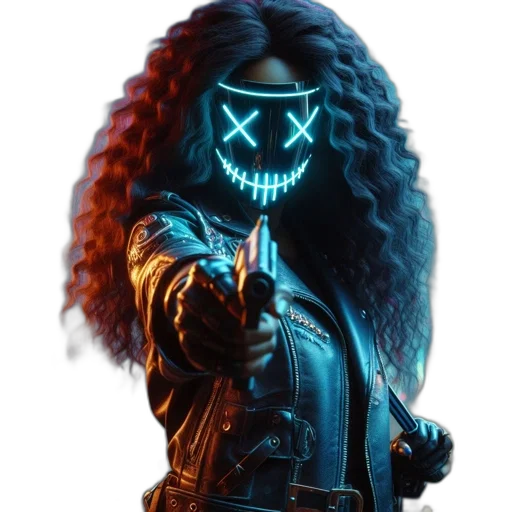 jacket, mask, face, staff, concept art, cyberpunk, 3d render, comic book art transparent PNG cut-out