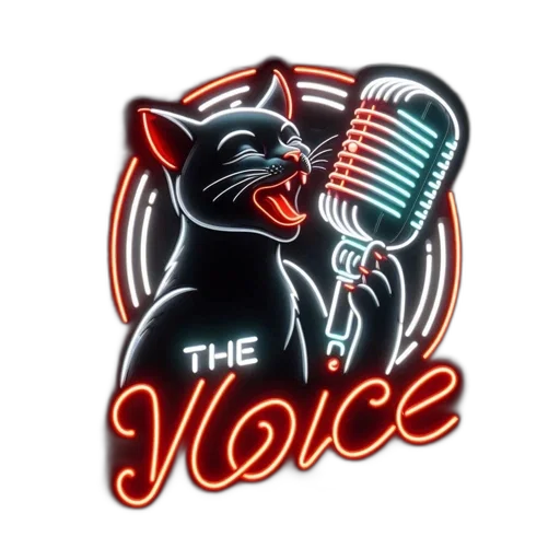 neon, sign, singing, cat, text, voice, against, dark transparent PNG cut-out
