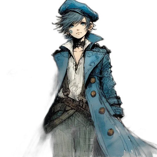 hat, jacket, staff, concept art, watercolor, fantasy art, pixel art, blue transparent PNG cut-out