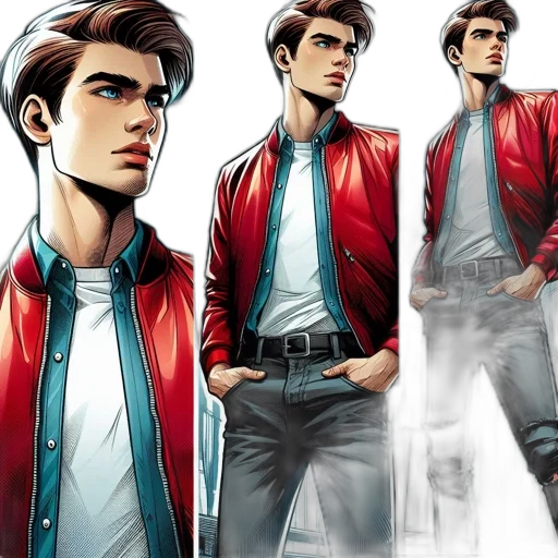 jacket, comic book art, concept art, red, illustrated, sequence, shows, young transparent PNG cut-out