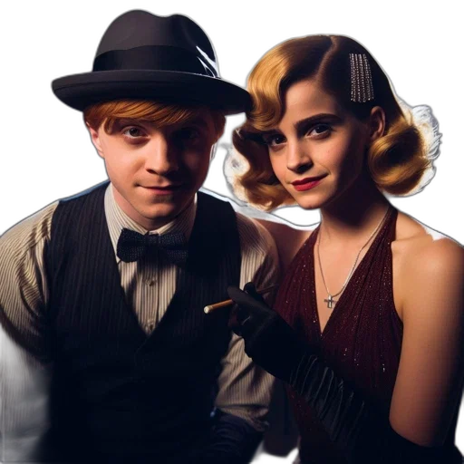hat, photorealistic, two, people, dressed, retro, clothing, 1920s-30s transparent PNG cut-out