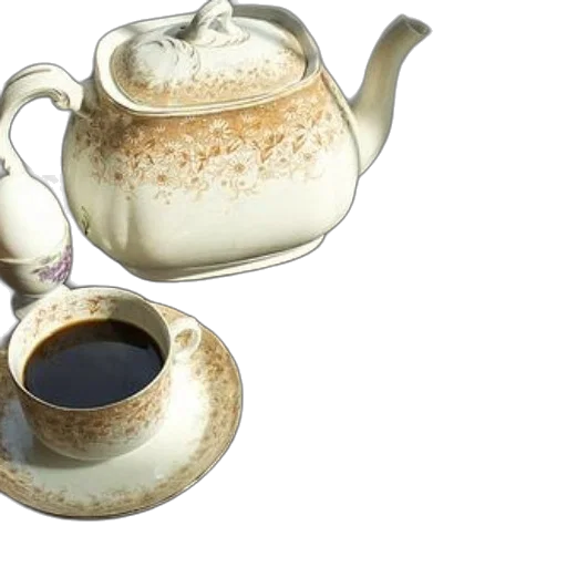 3d render, photorealistic, vintage, teapot, cup, sit, next, plate transparent PNG cut-out