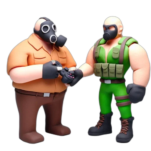 mask, weapon, concept art, 3d render, pixel art, two, characters, stand transparent PNG cut-out