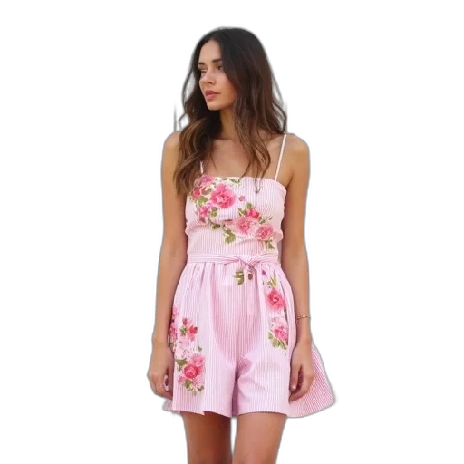 dress, pastel, woman, wearing, white, pink, striped, floral transparent PNG cut-out