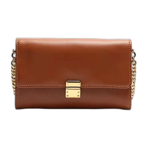 brown, leather, wallet, gold, chain, closure, displayed, against transparent PNG cut-out