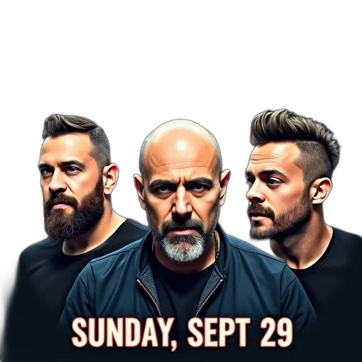 promotional, poster, concert, featuring, three, male, musicians, different transparent PNG cut-out