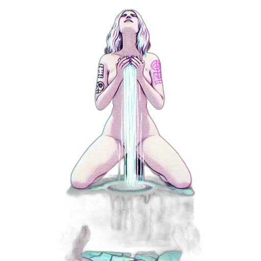 robot, sword, dress, bottle, vaporwave, concept art, cyberpunk, watercolor transparent PNG cut-out