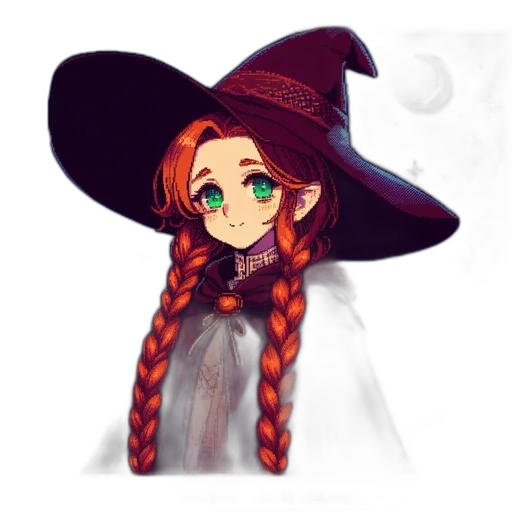 hat, staff, hair, dress, fantasy art, pixel art, concept art, watercolor transparent PNG cut-out